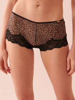 La Vie En Rose - Black Leopard Print Lace and Mesh Boyleg Panty