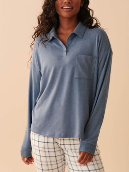 La Vie En Rose - Blue Soft Knit Long Sleeve Polo T-Shirt
