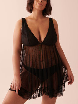 La Vie En Rose - Black Swiss Dot Mesh and Lace Babydoll