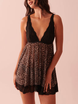 La Vie En Rose - Multi-Color Leopard Print Mesh and Lace Babydoll