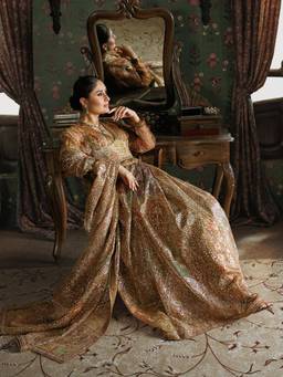 RI.Ritu Kumar - Peach Pitch Patch Saree with Stitched Blouse and Corset Belt