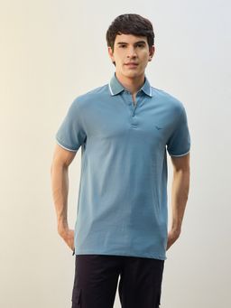 Nobero - Men Blue Cotton Lycra Blend Upf 50+ Sun Protection Polo T-Shirt