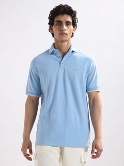 Nobero - Men Blue Cotton Lycra Blend Upf 50+ Sun Protection Polo T-Shirt