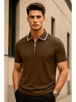 Nobero - Men Brown Cotton Lycra Blend Upf 50+ Sun Protection Polo T-Shirt