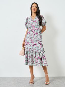 Styli - Women Green Floral Printed V-Neck Puff Sleeves Wrap Midi Dress