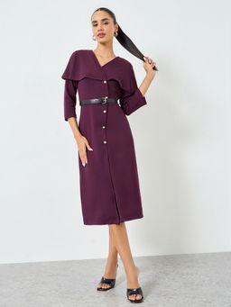 Styli - Women Burgundy Solid V-Neck Cape Sleeves A-Line Midi Dress with Belt