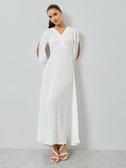 Styli - Women Off White Self Design V-Neck Split Sleeves A-Line Maxi Dress