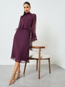 Styli - Women Burgundy Solid High Neck Bell Sleeves A-Line Midi Dress
