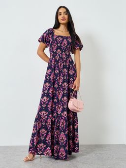 Styli - Women Blue Floral Printed Square Neck Puff Sleeves Fit and Flare Maxi Dress