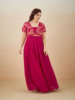 Miss Chase - A+ Curve Collection Plus Size Women's Dark Pink Raglanlace Overlaid Dress