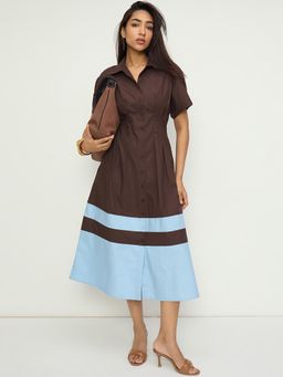 Femmella - Brown and Blue Poplin Colorblock Calf Length Dress