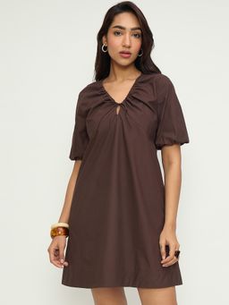 Femmella - Coffee Brown Poplin Front Tie-Up Mini Dress