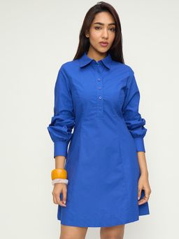 Femmella - Royal Blue Poplin Panel Detail Mini Dress