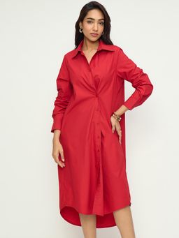 Femmella - Red Poplin Asymmetrical Shirt Midi Dress