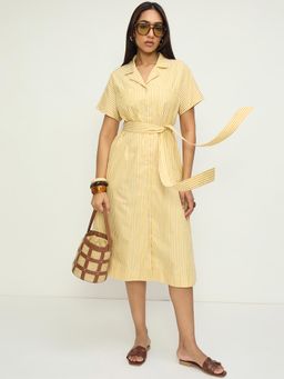 Femmella - Yellow Stripe Button Down Midi Dress with Belt