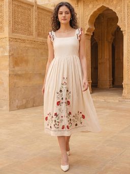 PURVAJA - Off White Women's Fit and Flared Midi Length Sleeveless Square Neck Dress