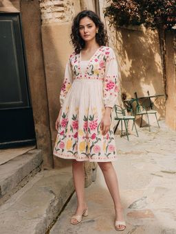 PURVAJA - Off White Women's Fit And Flared Knee Length Puff Sleeve V Neck Dress