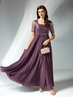 Miss Chase - Women's Mauve Square Neck Half Sleeve Georgette Maxi Dress