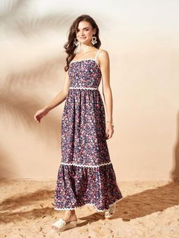 Miss Chase - Women's Navy Blue Bohemian Multicolored Tiered Maxi Dress