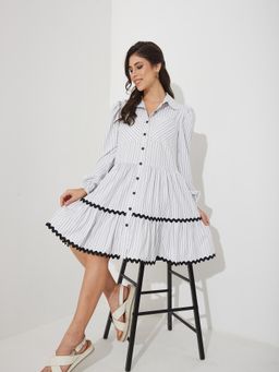 Miss Chase - Women's Black And Grey Striped Cotton Shirt Dress Balloon Sleeves