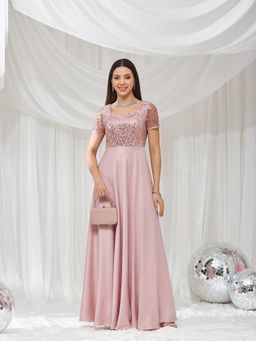 Miss Chase - Women's Dusty Pink Sweetheart Neck Half Sleeve Maxi Satin Dress
