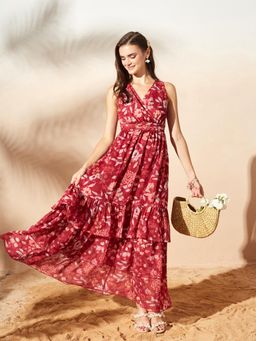 Miss Chase - Women's Multicolored Base Maroon V-Neck Sleeveless Floral Maxi Dress
