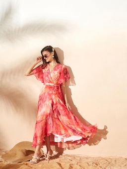 Miss Chase - Women's Flame Orange And Pink V-Neck Flared Tie-Up Maxi Chiffon Dress