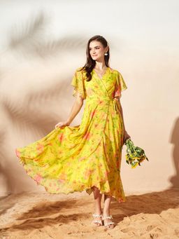 Miss Chase - Women's Multicolored Base Acid Yellow V-Neck Flared Maxi Chiffon Dress