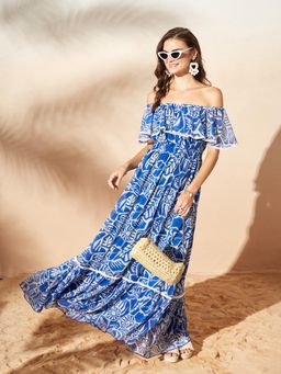 Miss Chase - Womens White And Blue Square Neck Cape Floral Tiered Maxi Chiffon Dress