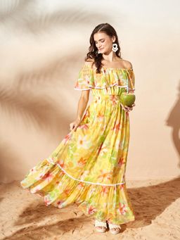 Miss Chase - Women's Multicolored Base Butter Yellow Square Neck Tiered Maxi Dress