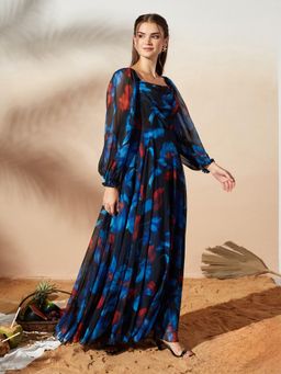 Miss Chase - Women's Multicolored Base Black Puff Floral Maxi Dress