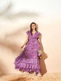 Miss Chase - Women's Multicolored Base Lavender V Neck Layered Ruffle Maxi Dress
