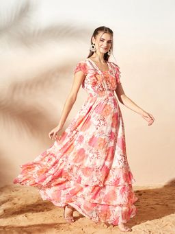 Miss Chase - Women's Multicolored Base Light Peach V Neck Layered Maxi Dress