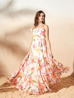 Miss Chase - Womens Off White Shoulder Tie-Up Floral Tiered Maxi Chiffon Dress