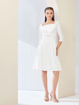 Miss Chase - Women's Off White Solid Square Neck Fit And Flare Knee-Length Dress