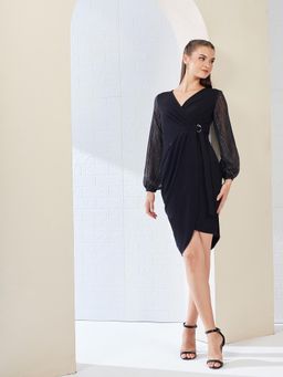 Miss Chase - Women's Black Solid V Neck Front Pocketed Polyester Wrap Knee-Length Dress