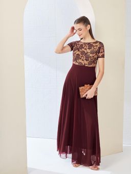 Miss Chase - Women's Wine And Beige Relaxed Fit Regular Georgette Dress