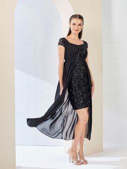 Miss Chase - Women's Black Embellished Fit And Flare Mini Dress