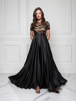 Miss Chase - Women's Black Round Neck Short-Sleeve Abstract Fit And Flare Satin Maxi Dress