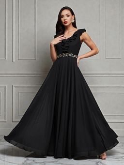 Miss Chase - Women's Black Sleeveless Embroidered Ruffled Georgette Maxi Dress