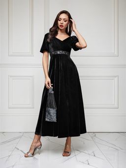 Miss Chase - Women's Black Half Sleeve Solid Fit And Flare Maxi Velvet Dress