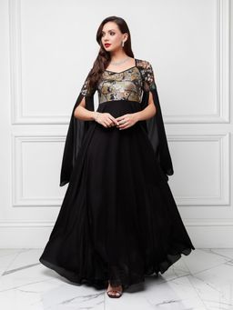 Miss Chase - Women's Black Sweet-Heart Full Sleeve Embellished Slit Sleeve Maxi Dress