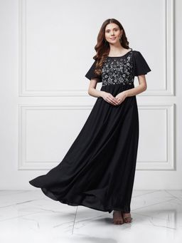 Miss Chase - Women's Black Embellished Gathered Maxi Dress