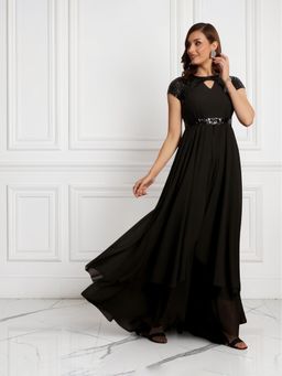Miss Chase - Women's Black Short Sleeve Embellished Layered Georgette Maxi Dress