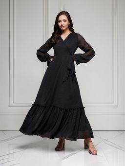 Miss Chase - Women's Black Self Design V-Neck Bishop Sleeves Chiffon Wrap Maxi Dress