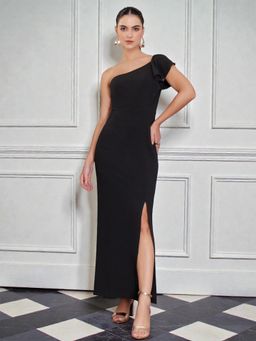 Miss Chase - Women's Black Solid One Shoulder Sleeveless Ruffled Maxi Dress