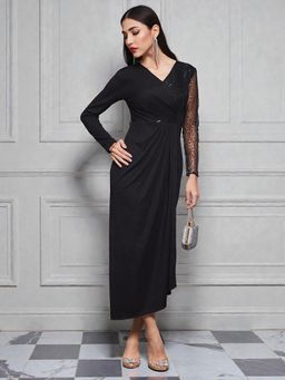 Miss Chase - Women's Black V-Neck Full Sleeve Embellished Pleated Longline Dress