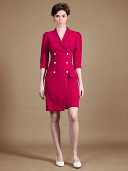 Miss Chase - Women's Dark Pink 3/4 Sleeve Solid Double Breasted Blazer Knee-Long Dress