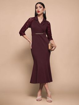 Miss Chase - Women's Wine Notched Collar Sleeve Self-Designed Bodycon Midi Dress