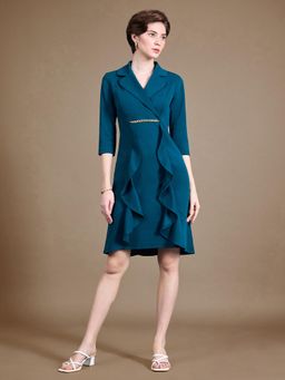 Miss Chase - Women's Teal Solid Notched Collar 3/4 Sleeve Blazer Knee-Long Dress